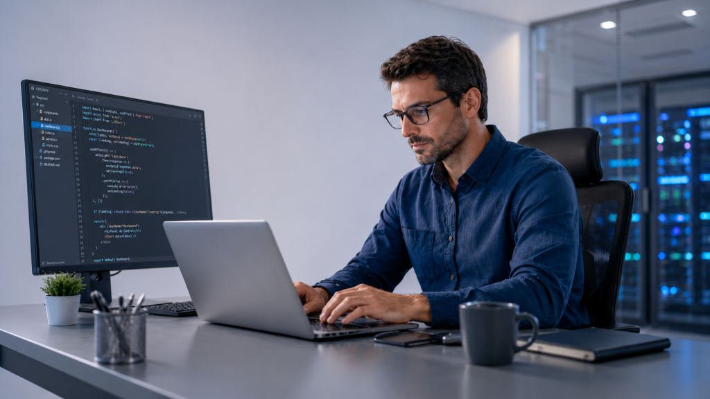 Profesional en un entorno tecnológico programando frente a múltiples monitores, que simboliza la formación en ciberseguridad mediante la alianza con Hackrocks.