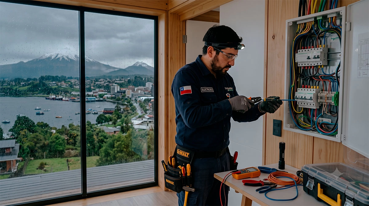 Instalador eléctrico trabajando en un tablero de distribución eléctrica en una casa de madera con ventanal panorámico que muestra la bahía y volcanes nevados de Puerto Montt.