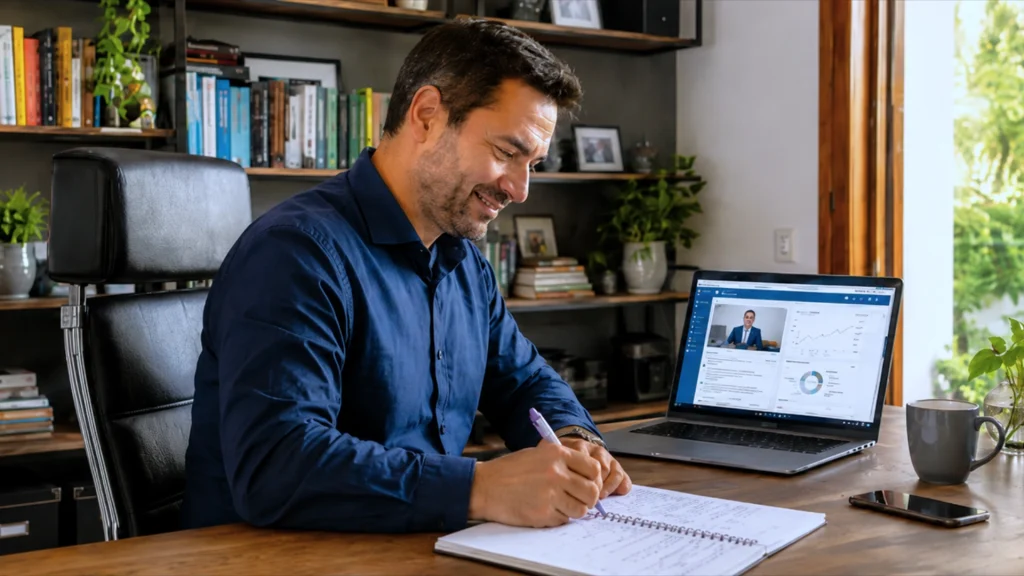 Hombre trabajando en su escritorio de madera mientras sigue un curso en línea en su laptop.