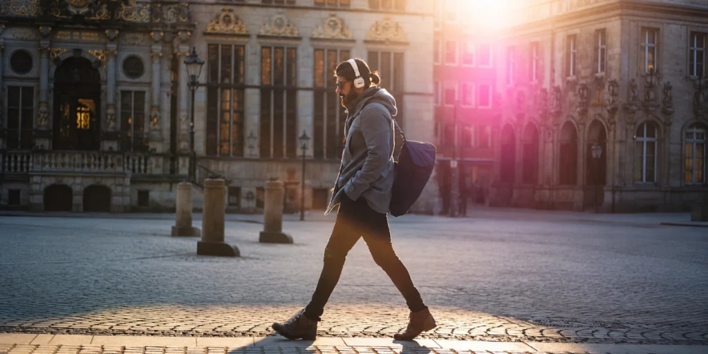 Profesional adaptándose a la educación continua y flexible, caminando en la ciudad mientras escucha contenidos formativos.