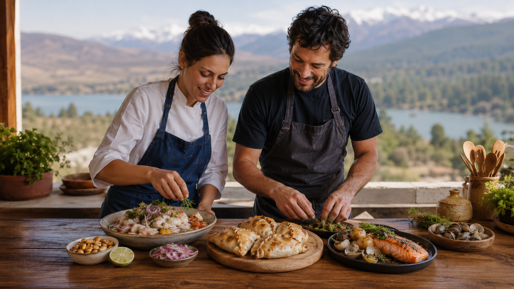 Dos personas adultas preparan platos de cocina tradicional chilena con recetas típicas del norte, centro e insular y sur de Chile en una cocina rústica.