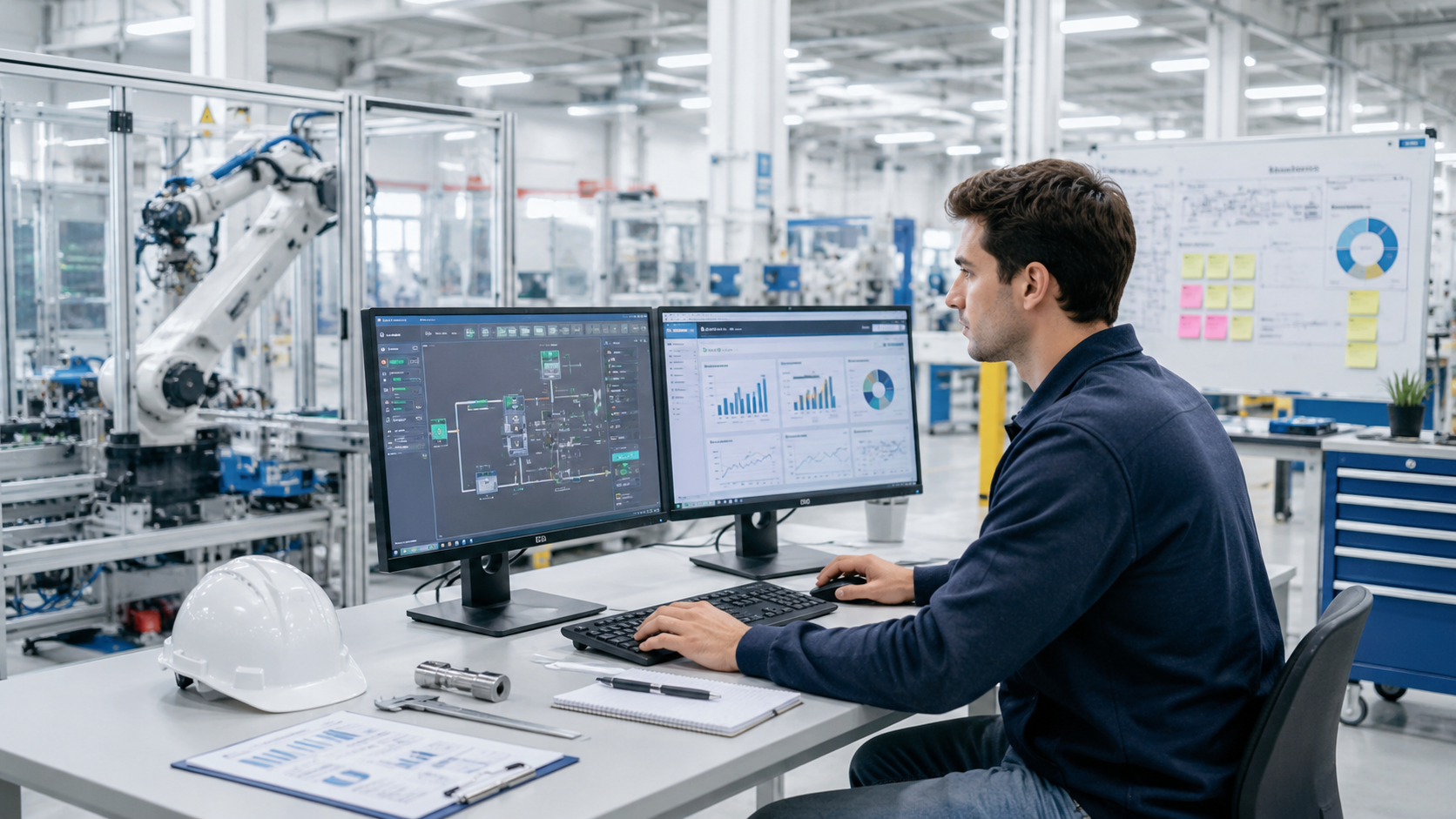 Profesional supervisando sistemas de automatización industrial, control digital, robótica y mejora de procesos en una planta inteligente.
