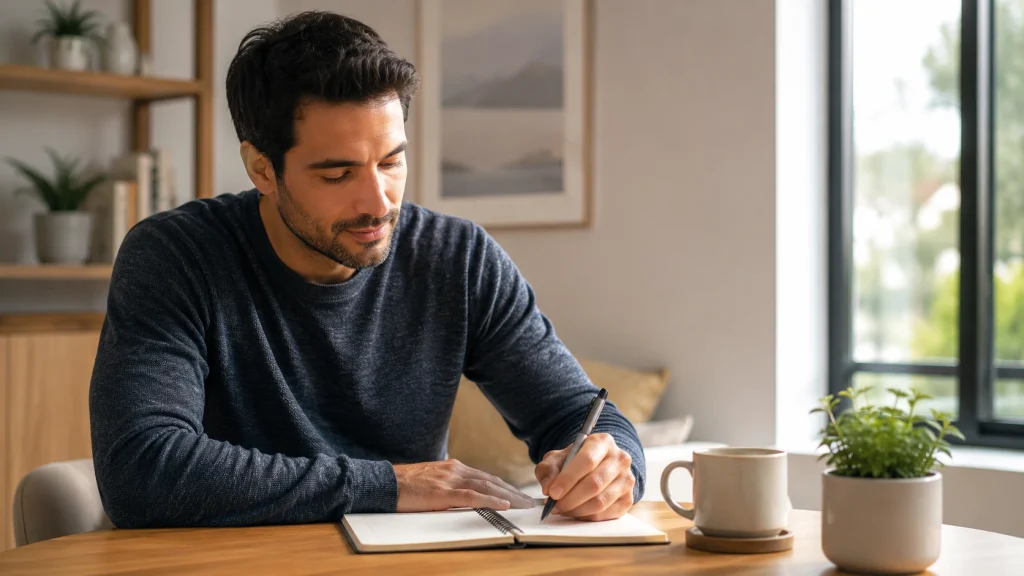Hombre concentrado escribiendo en un libreta junto a una taza de café, representando la categoría de Desarrollo Personal.