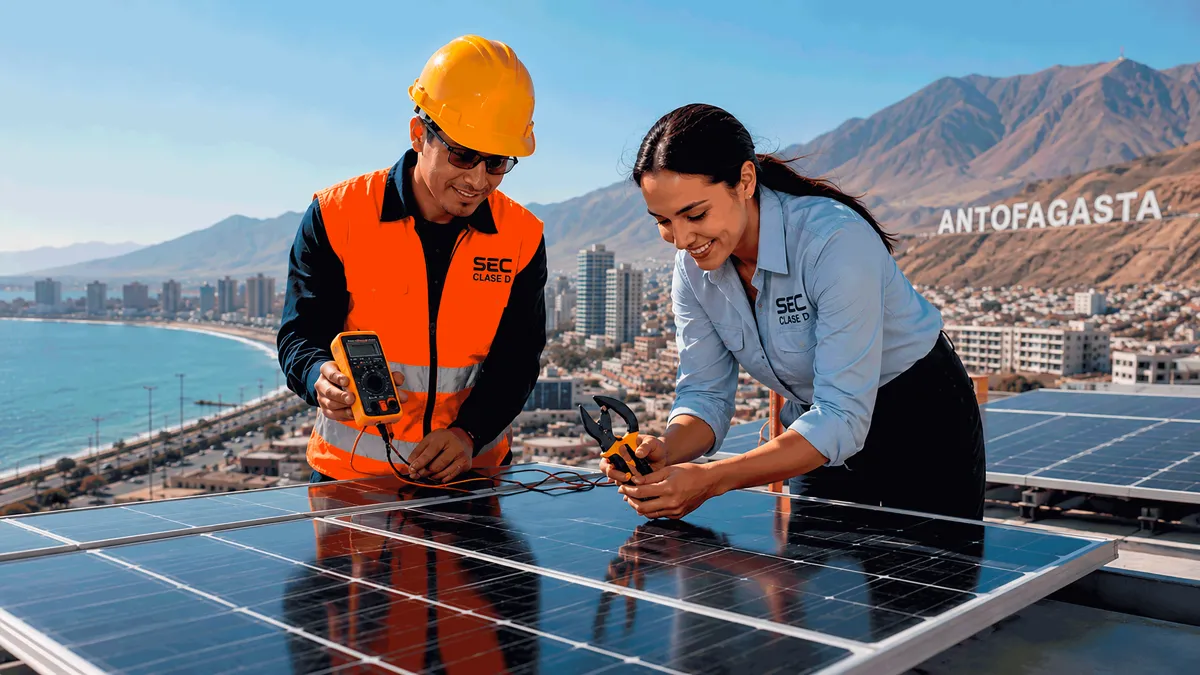 Dos electricistas con equipo de seguridad y herramientas de acuerdo con la certificación SEC Clase D trabajando sobre un panel solar fotovoltaico con la ciudad y el letrero de Antofagasta al fondo.