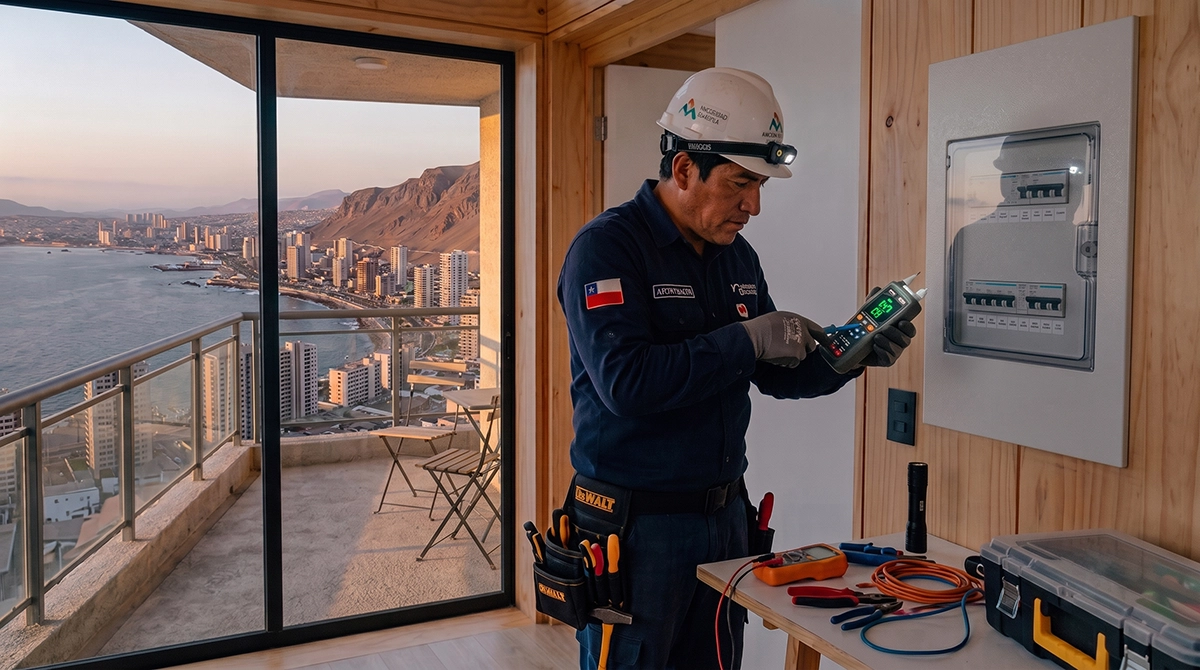 Técnico electricista inspeccionando un tablero eléctrico en un departamento con vista a la costa de Antofagasta, representando la certificación de Instalador Eléctrico Clase D.