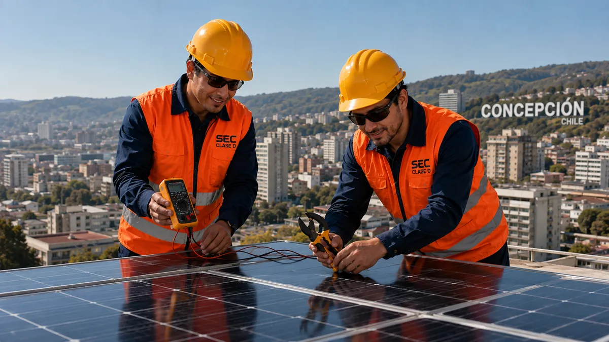 Dos electricistas con equipo de seguridad y herramientas de acuerdo con la certificación SEC Clase D trabajando sobre un panel solar fotovoltaico con la ciudad y el letrero de Concepción al fondo.