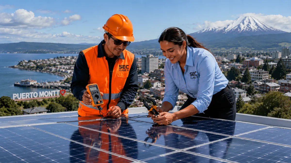 Dos electricistas con equipo de seguridad y herramientas de acuerdo con la certificación SEC Clase D trabajando sobre un panel solar fotovoltaico con la ciudad y el letrero de Puerto Montt al fondo.