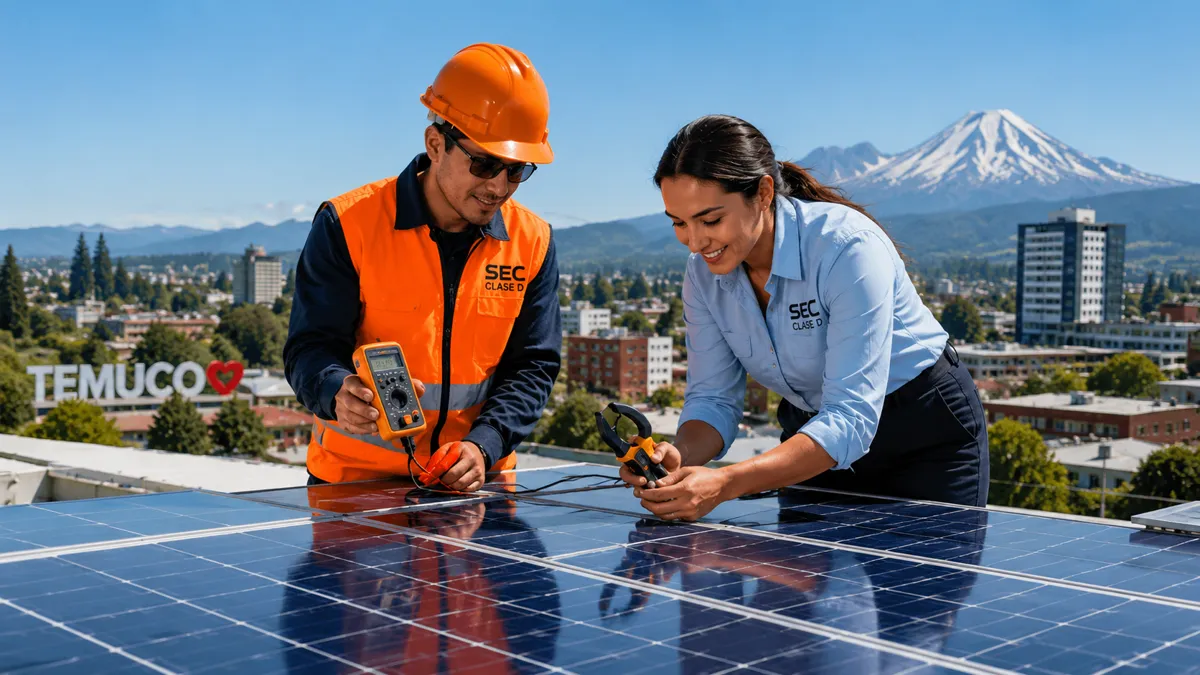 Dos electricistas con equipo de seguridad y herramientas de acuerdo con la certificación SEC Clase D trabajando sobre un panel solar fotovoltaico con la ciudad y el letrero de Temuco al fondo.