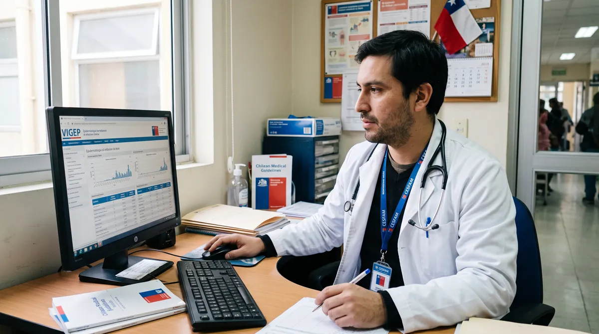 Médico en un centro de salud revisando datos de vigilancia epidemiológica VIGEP en un computador mientras realiza registros clínicos sobre su escritorio.