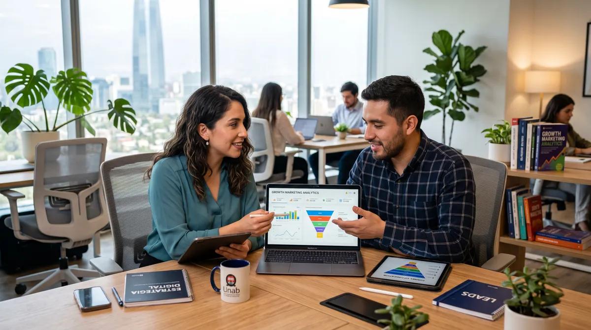 Dos profesionales de marketing en una oficina moderna analizan métricas de funnel de conversión y growth marketing en la pantalla de una laptop.