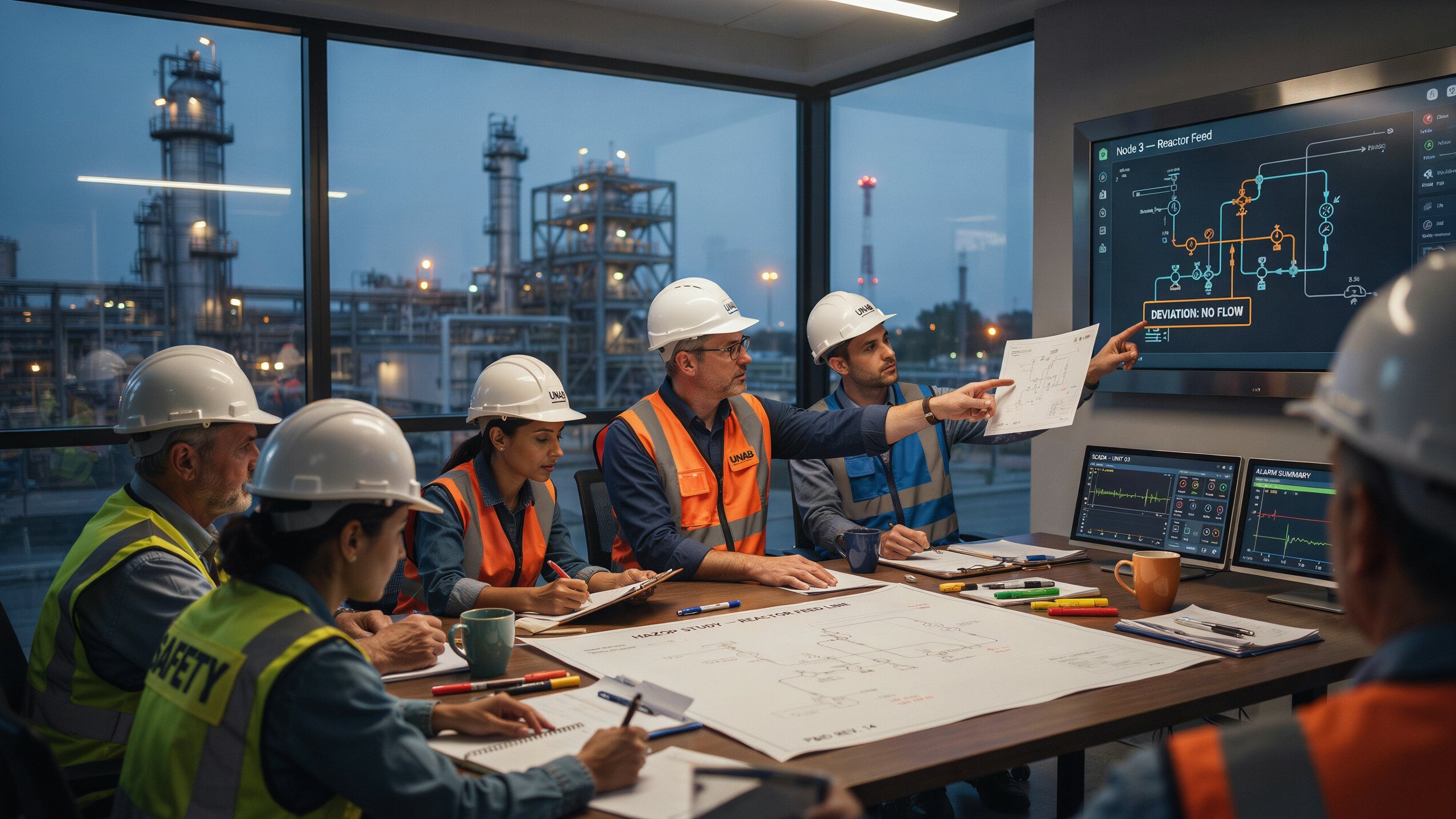 Profesionales aplicando metodología HAZOP en diagrama de procesos industriales