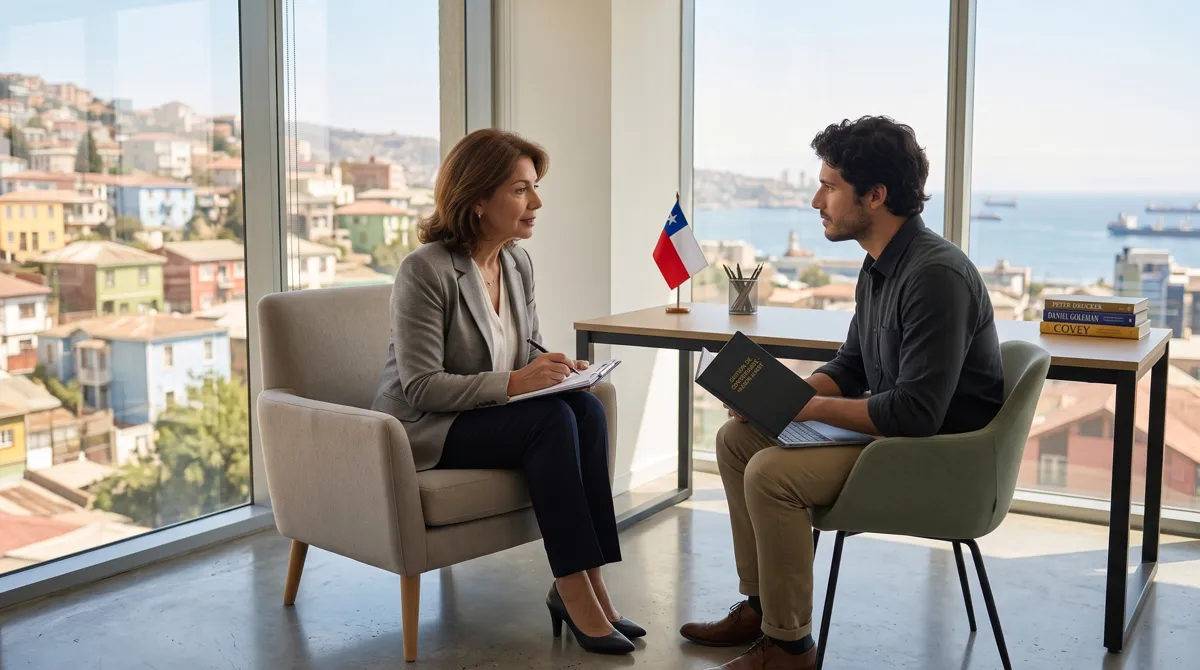 Mentora directiva y profesional en sesión de coaching ejecutivo, liderazgo gerencial y desarrollo de carrera gerencial en Chile.