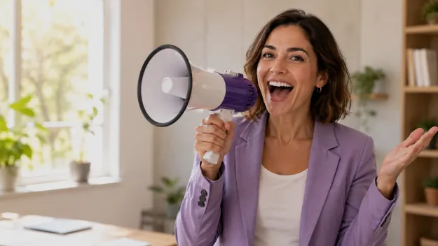 Una mujer de chaqueta morada y blusa blanca sostiene un megáfono blanco y morado mientras sonríe y habla con entusiasmo, gesticulando con la mano abierta en una oficina iluminada.