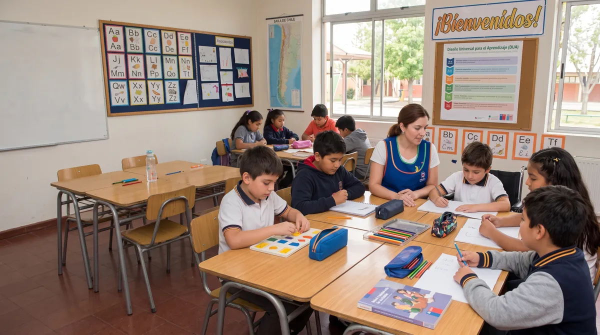 Docente acompañando a un grupo diverso de escolares sentados en mesas de trabajo dentro de una sala de clases chilena equipada con material didáctico y afiches sobre inclusión educativa y DUA.